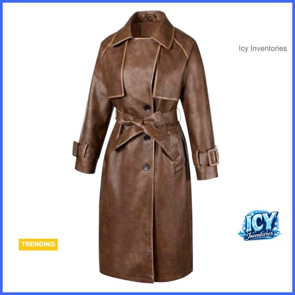 Faux PU Leather Trench Coat with Belt, Oversize Classic Lapel Overcoat - Picture 3 of 7